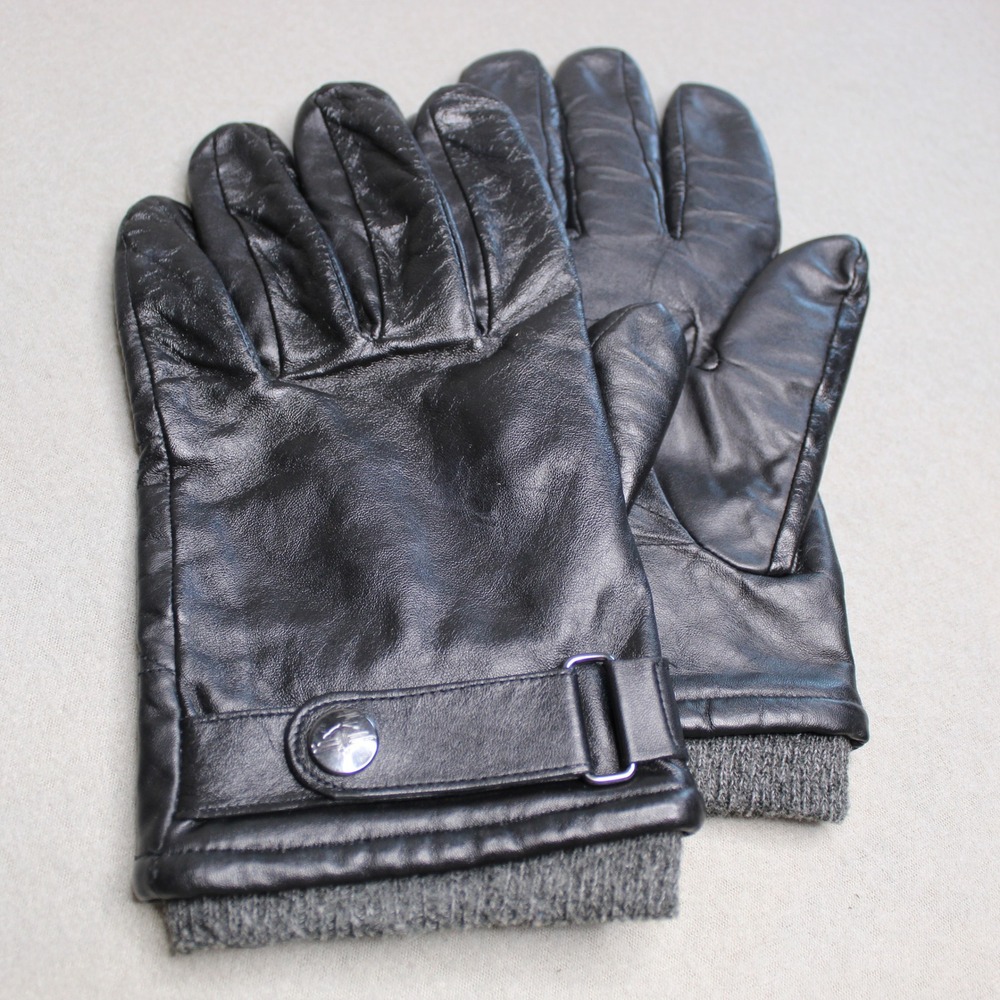 Dockers Mens Black Genuine Leather Gloves Fleece Lined Knit Cuff‎ Large RN 22605